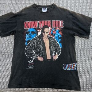 Vtg 2000 WWF The Rock 'Know Your‎ Role' AOP tshirt Adult L